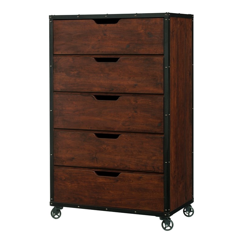 Furniture of America Chevy Wood 5-Drawer Chest with Casters in Vintage Walnut