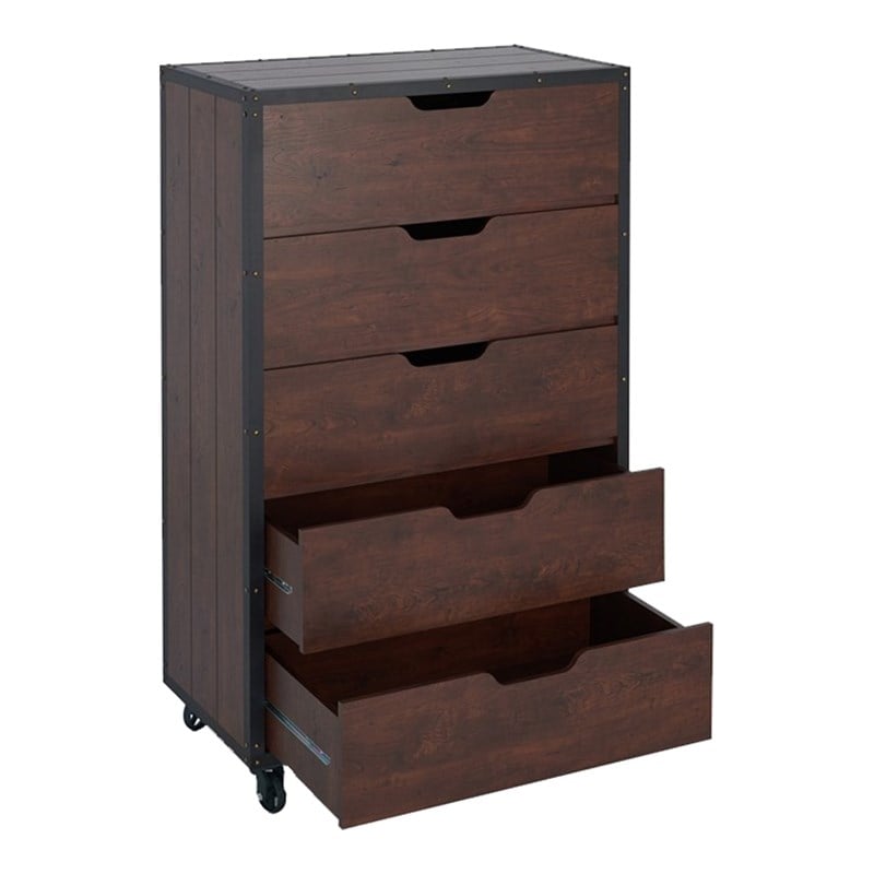 Furniture of America Chevy Wood 5-Drawer Chest with Casters in Vintage Walnut