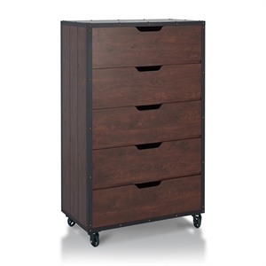 furniture of america chevy wood 5-drawer chest with casters in vintage walnut