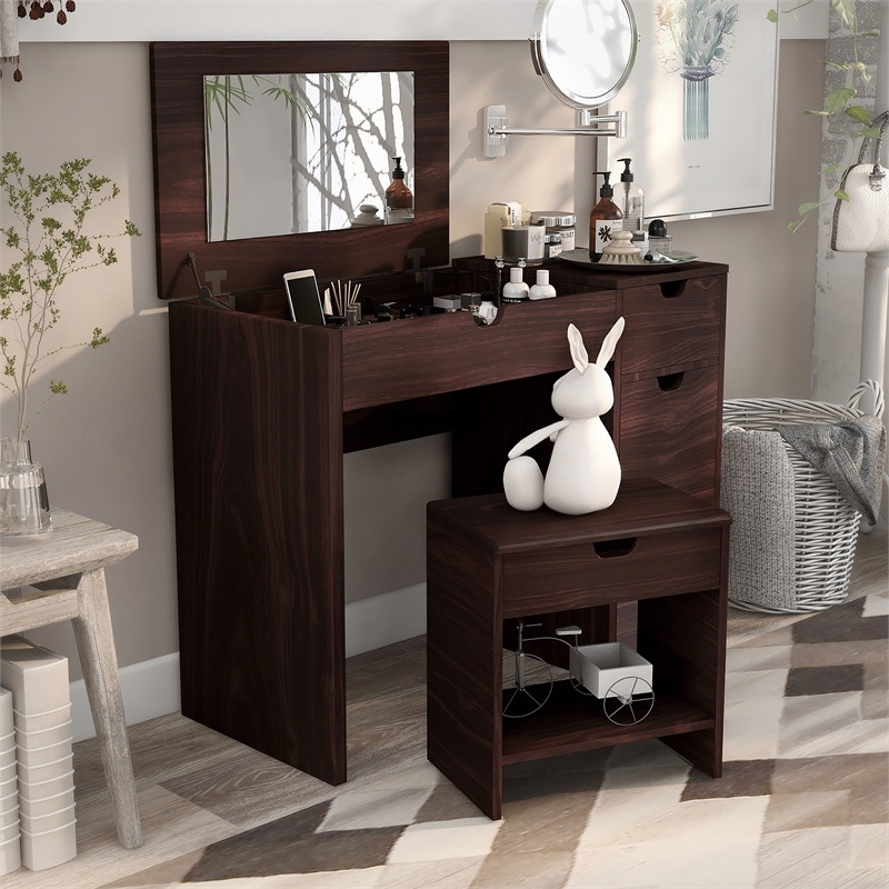 Furniture of America Astro Contemporary Wood 2-Piece Vanity Set in Walnut