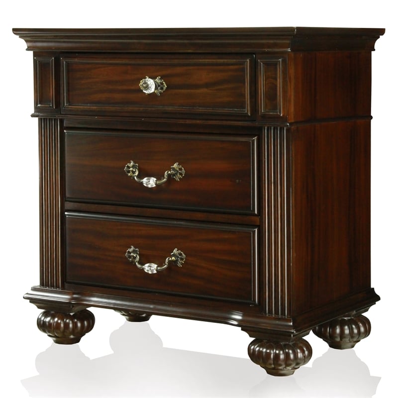 FOA Damos 3pc Dark Walnut Solid Wood Bedroom Set - Cal King + Nightstand + Chest