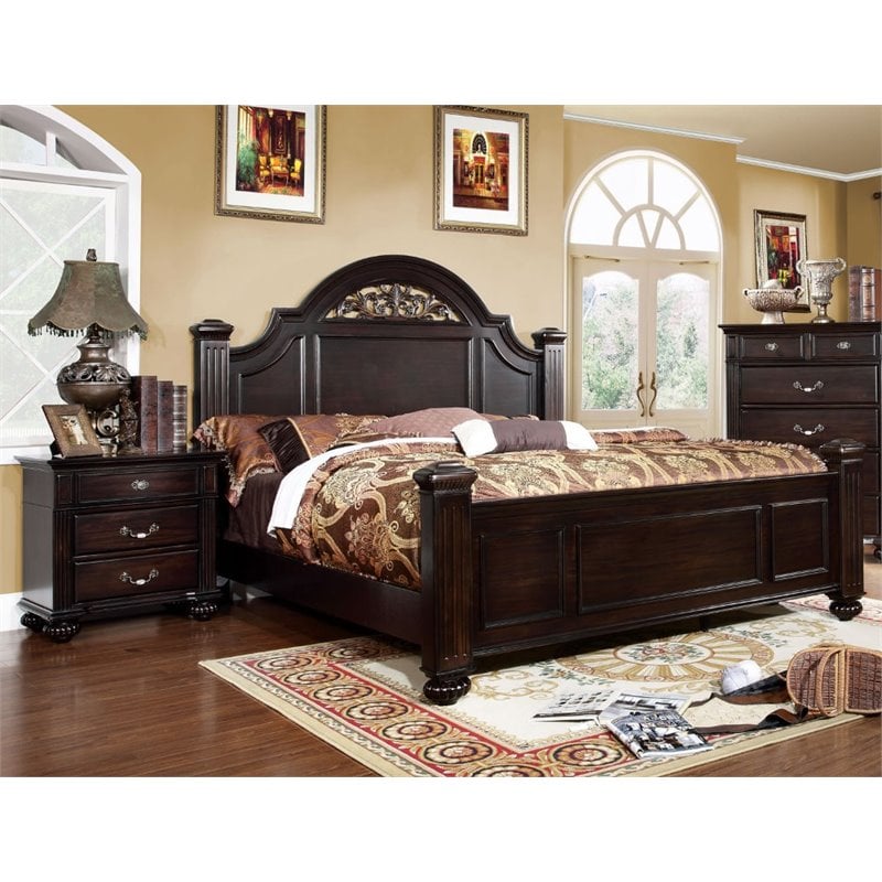 FOA Damos 2pc Dark Walnut Solid Wood Bedroom Set - King + Nightstand