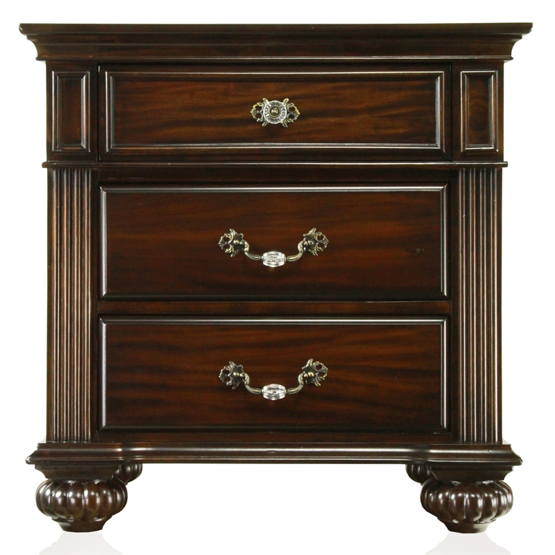 FOA Damos 3pc Dark Walnut Solid Wood Bedroom Set - King + Nightstand + Chest