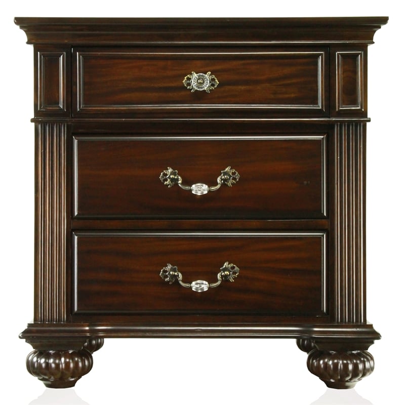 FOA Damos 3pc Dark Walnut Solid Wood Bedroom Set - Queen + Nightstand + Chest