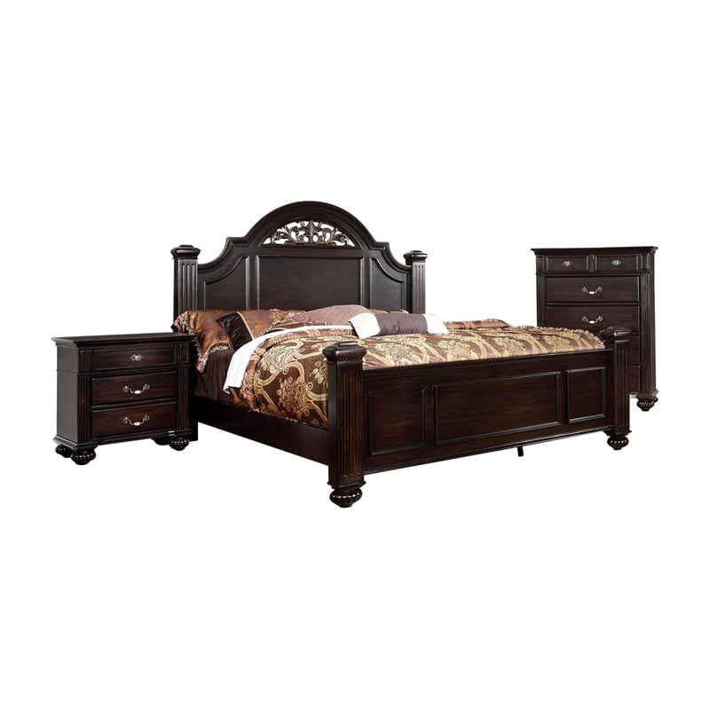 FOA Damos 3pc Dark Walnut Solid Wood Bedroom Set - Queen + Nightstand + Chest