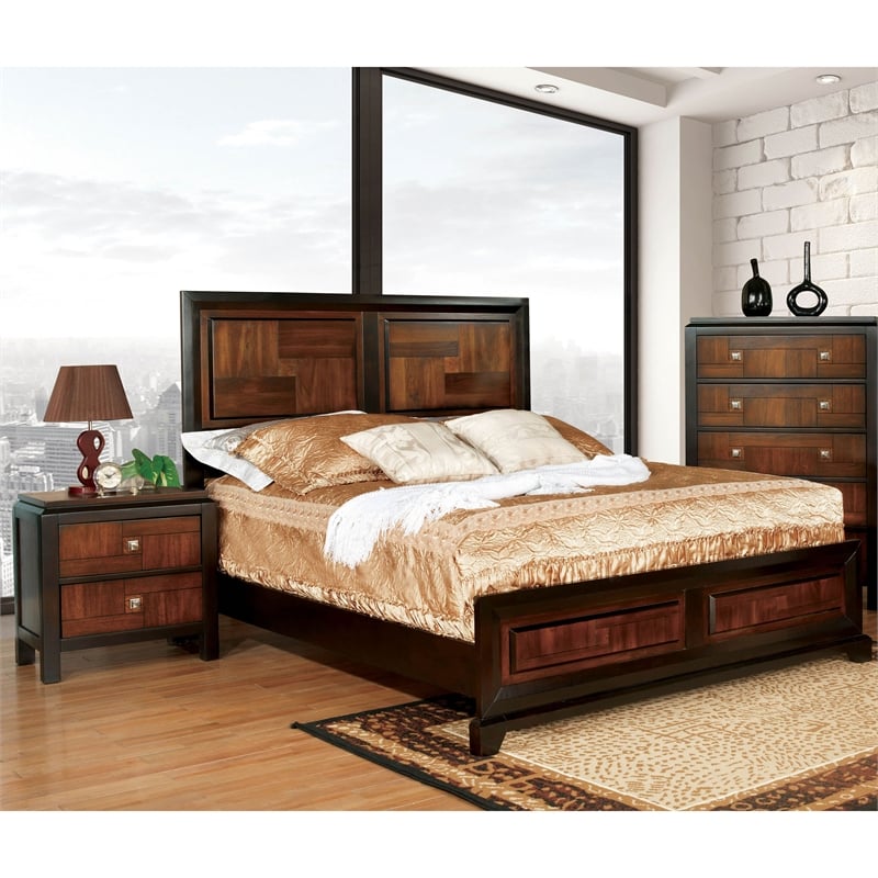 FOA Delia 2pc Walnut Transitional Wood Panel Bedroom Set - King + Nightstand