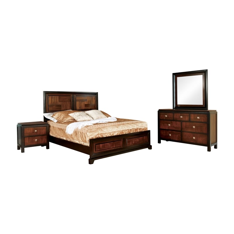 FOA Delia 4pc Walnut Wood Panel Bedroom Set - King+Nightstand+Dresser+Mirror