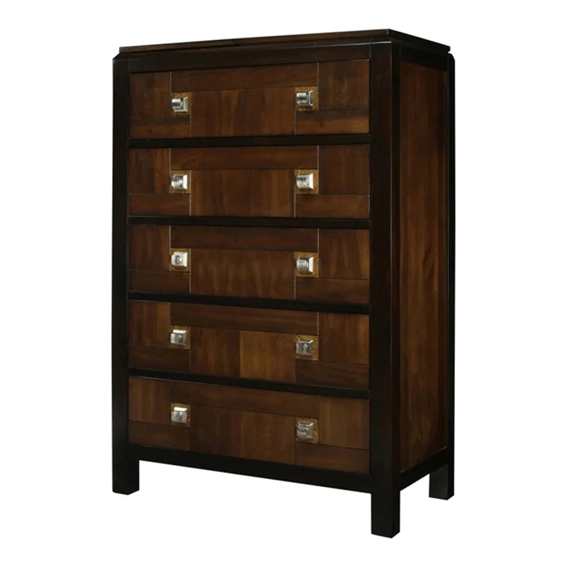 FOA Delia 3pc Walnut Wood Panel Bedroom Set - Queen + Nightstand + Chest