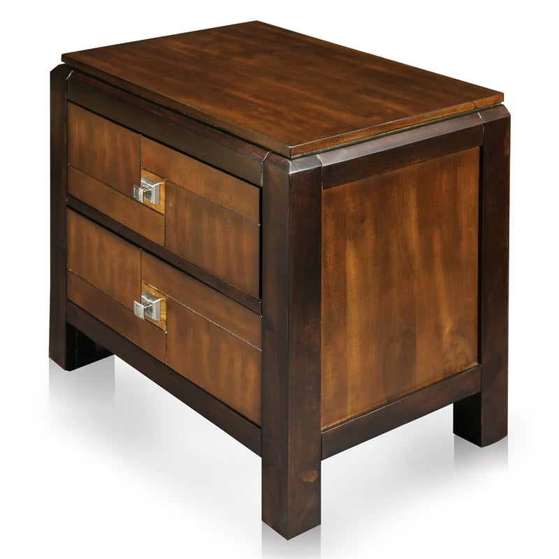 FOA Delia 3pc Walnut Wood Panel Bedroom Set - Queen + Nightstand + Chest