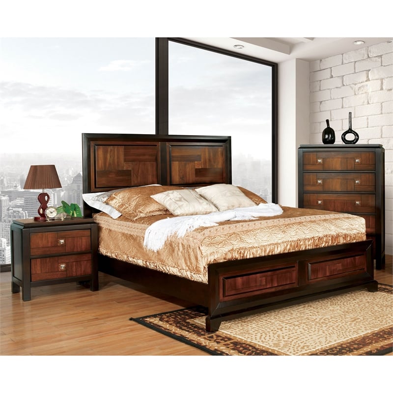 FOA Delia 3pc Walnut Wood Panel Bedroom Set - Queen + Nightstand + Chest