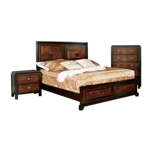 FOA Delia 3pc Walnut Wood Panel Bedroom Set - Queen + Nightstand + Chest
