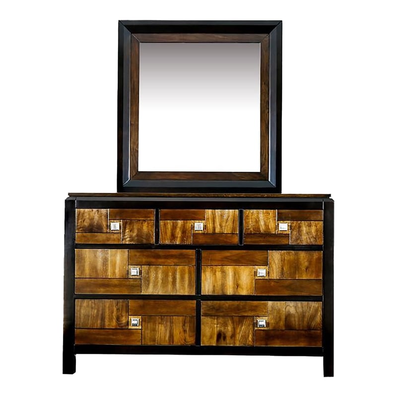 FOA Delia 4pc Walnut Wood Panel Bedroom Set - Queen+Nightstand+Dresser+Mirror