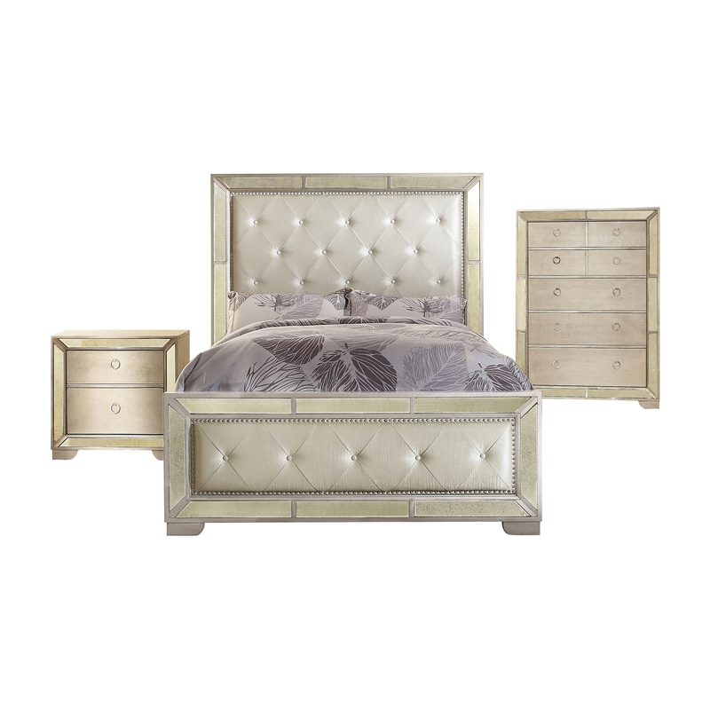 FOA Celina 3pc Gold Champagne Wood Bedroom Set - King + Nightstand