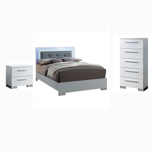 FOA Rayland 3pc Glossy White Wood Bedroom Set - Full + Nightstand + Chest