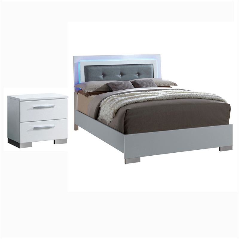 FOA Rayland 2pc Glossy White Wood Bedroom Set - Queen + Nightstand