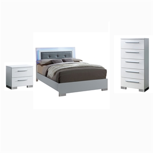 FOA Rayland 3pc Glossy White Wood Bedroom Set - Queen + Nightstand + Chest