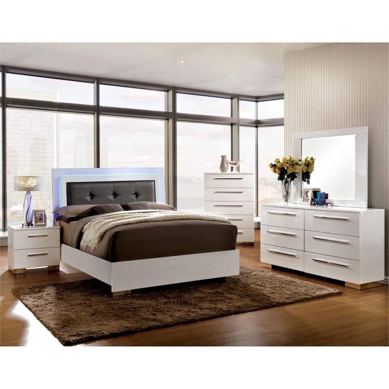 Foa Rayland 4pc Glossy White Wood Bedroom Set Queen Nightstand Dresser Mirror Idf 7201q 4pc