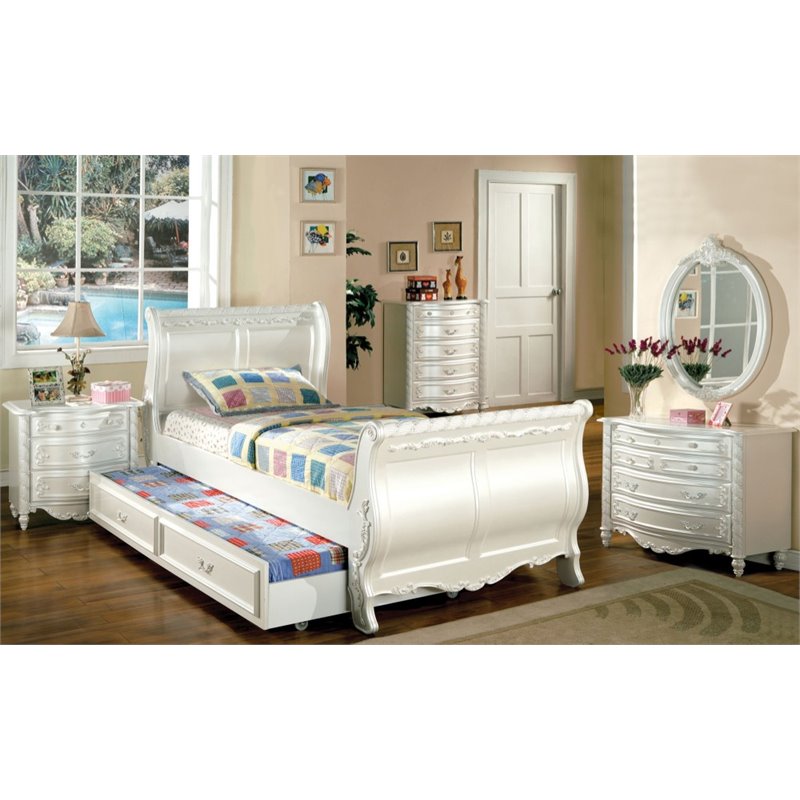 Furniture of America Rollison Solid Wood Twin Sleigh Bed in Pearl White
