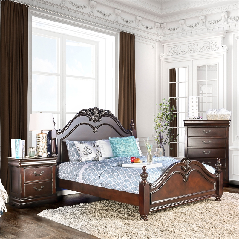 FOA Ruben 3pc Cherry Wood Panel Bedroom Set - King + Nightstand + Chest