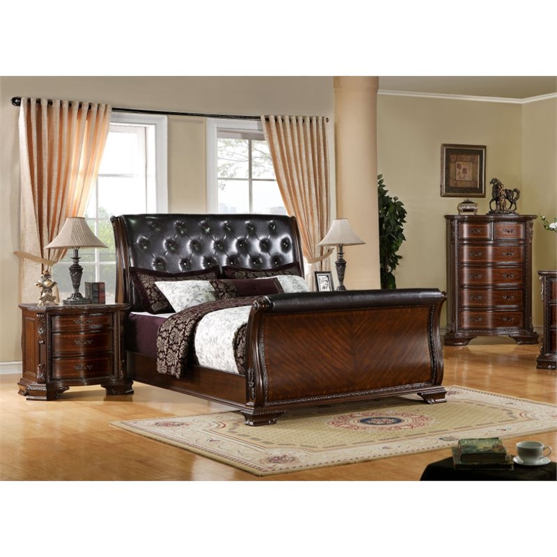 Furniture Of America Hulga 3 Piece Wood King Sleigh Bedroom Set In Brown Cherry