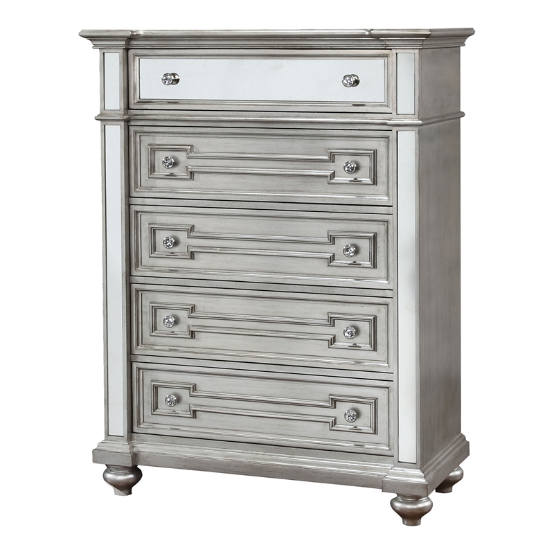 Furniture of America Farrah Transitional Solid Wood 5-Drawer Chest in Silver
