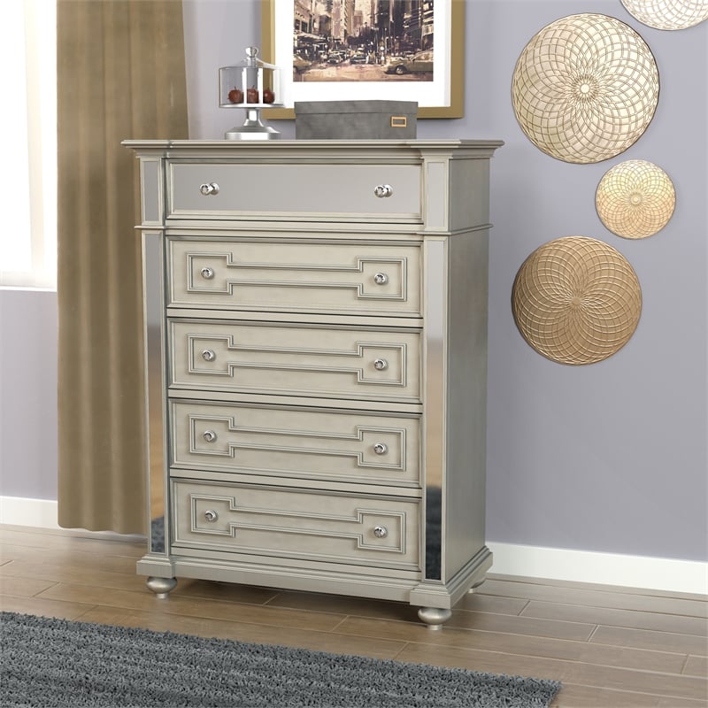 Furniture of America Farrah Transitional Solid Wood 5-Drawer Chest in Silver