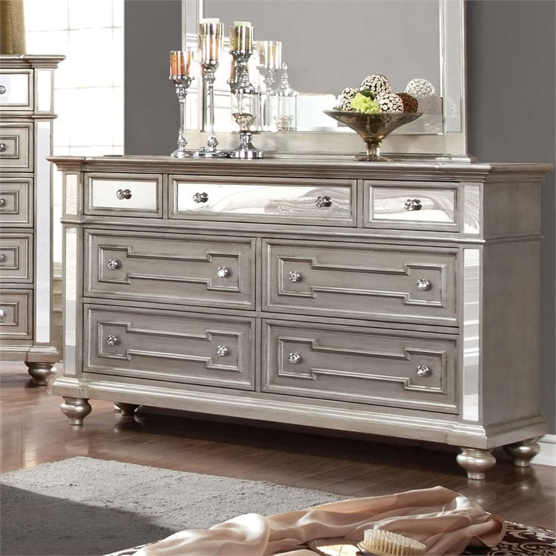 Furniture of America Farrah 7 Drawer Mirrored Dresser in Silver IDF7673D