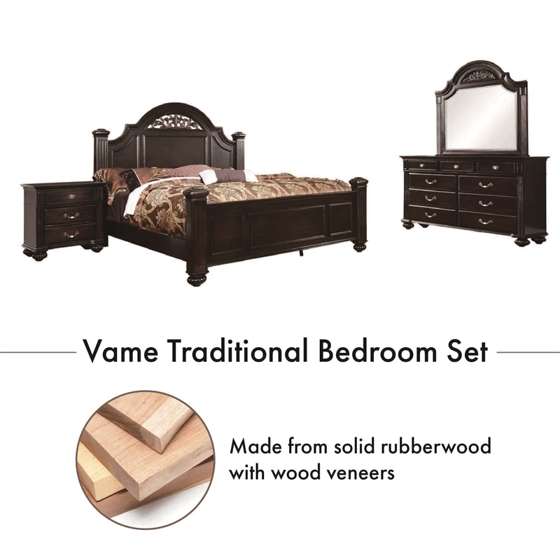 FOA Damos 4pc Dark Walnut Wood Bedroom Set - King+Nightstand+Dresser+Mirror