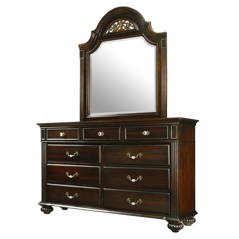 FOA Damos 4pc Dark Walnut Wood Bedroom Set - King+Nightstand+Dresser+Mirror