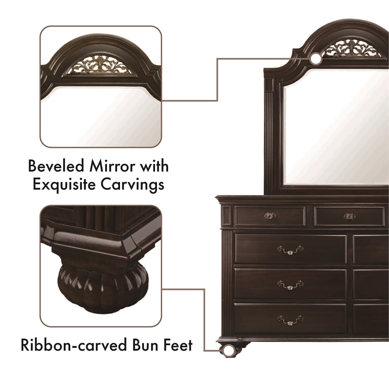 FOA Damos 4pc Dark Walnut Wood Bedroom Set - Queen+Nightstand+Dresser+Mirror