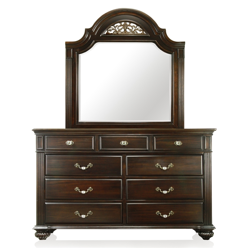 FOA Damos 4pc Dark Walnut Wood Bedroom Set - Queen+Nightstand+Dresser+Mirror
