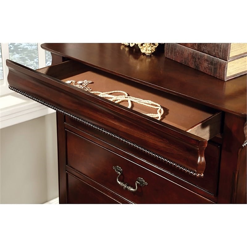FOA Ruben 4pc Cherry Wood Panel Bedroom Set - Cal King+Nightstand+Dresser+Mirror