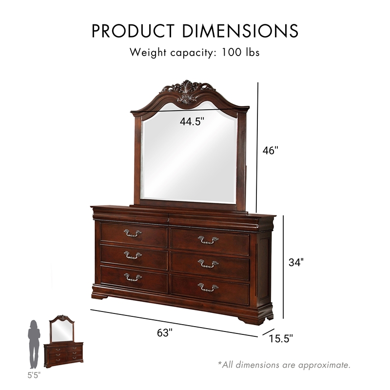 FOA Ruben 4pc Cherry Wood Panel Bedroom Set - Cal King+Nightstand+Dresser+Mirror