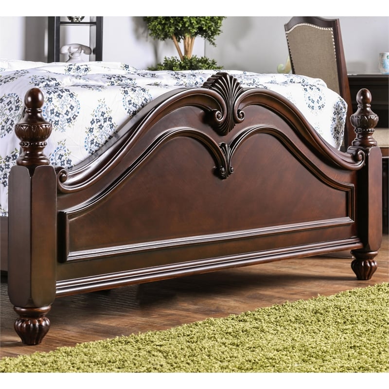 FOA Ruben 4pc Cherry Wood Panel Bedroom Set - King+Nightstand+Dresser+Mirror