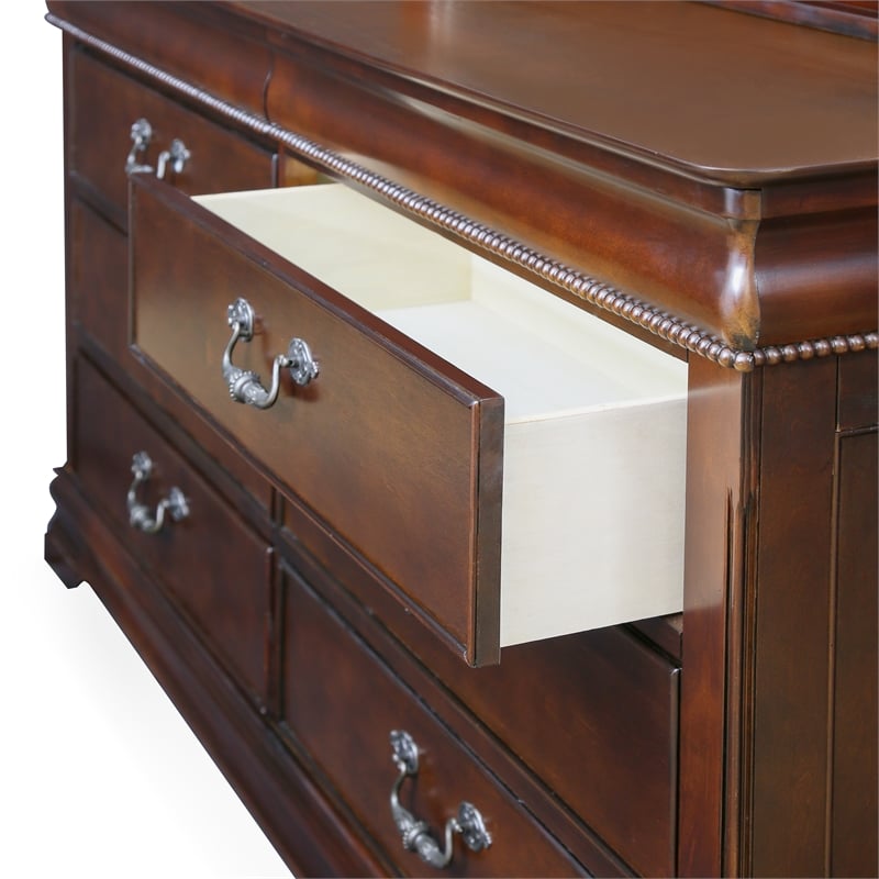 FOA Ruben 4pc Cherry Wood Panel Bedroom Set - Queen+Nightstand+Dresser+Mirror
