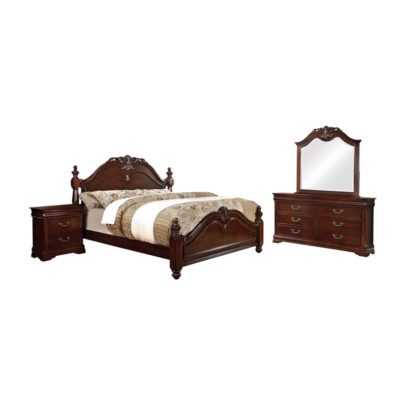 FOA Ruben 4pc Cherry Wood Panel Bedroom Set - Queen+Nightstand+Dresser+Mirror