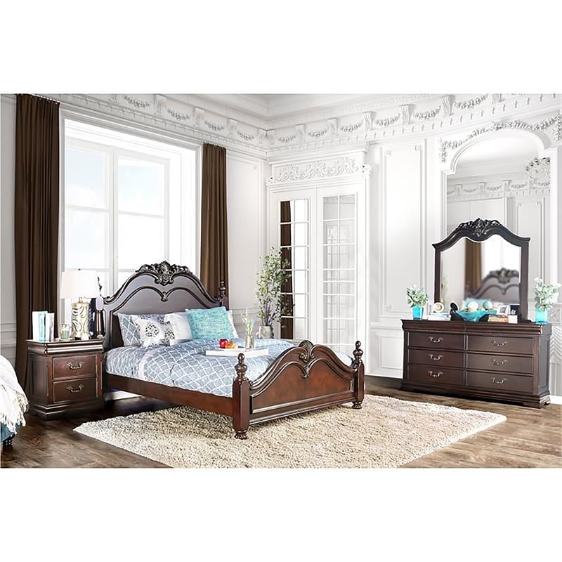 FOA Ruben 4pc Cherry Wood Panel Bedroom Set - Queen+Nightstand+Dresser+Mirror