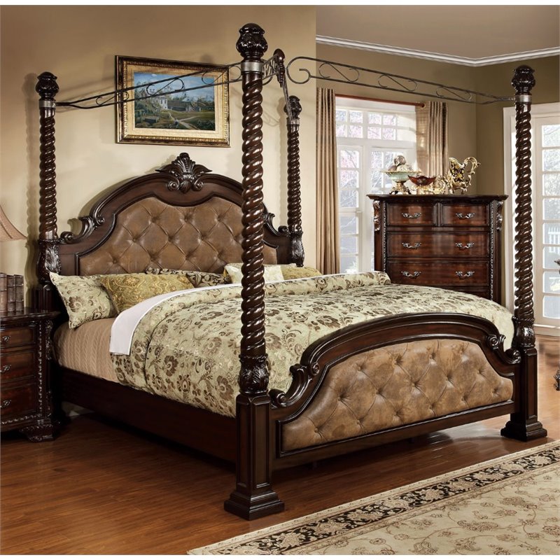 Furniture Of America Cathey 4 Piece Queen Canopy Bedroom Set In Dark Walnut