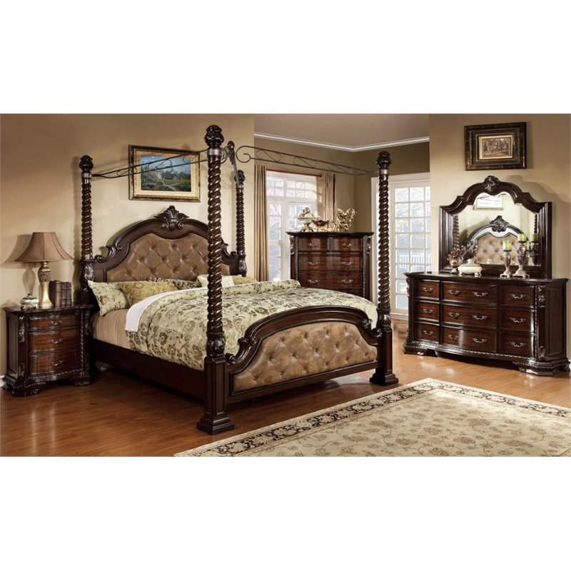 Furniture Of America Cathey 4 Piece Queen Canopy Bedroom Set In Dark Walnut