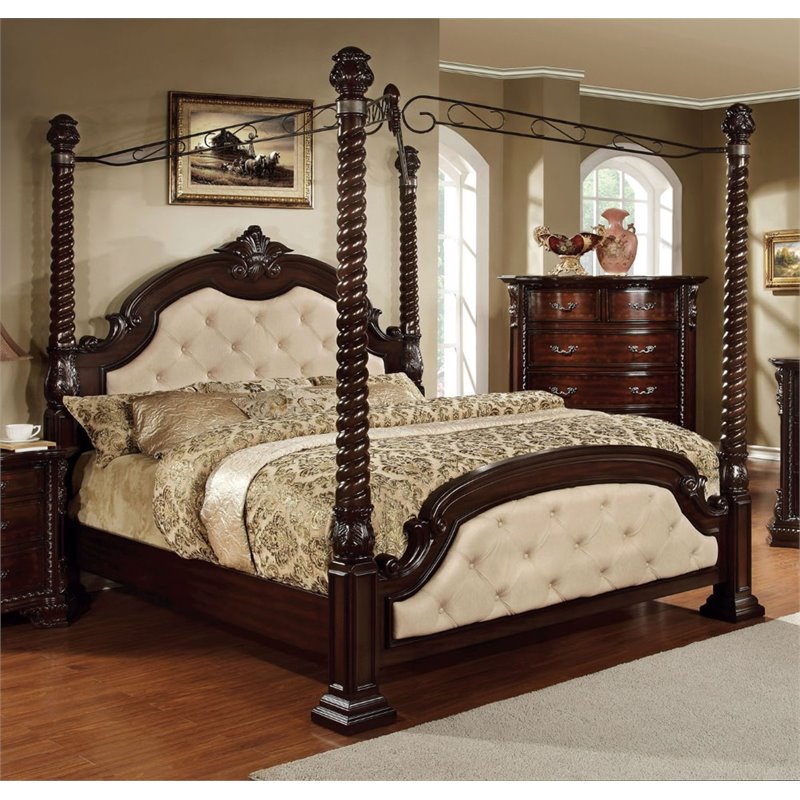 Furniture Of America Cathey 4 Piece King Canopy Bedroom Set In Dark Walnut