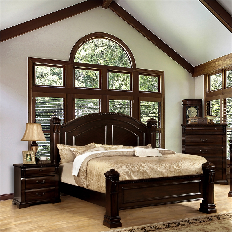 FOA Oulette 3pc Cherry Solid Wood Bedroom Set - Queen + Nightstand + Chest