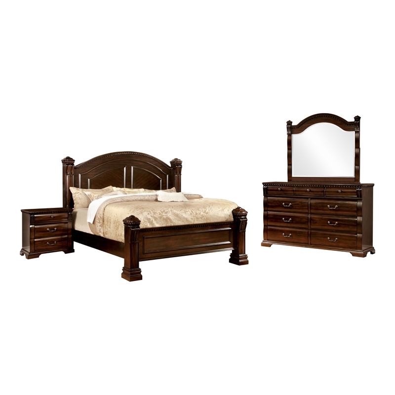 FOA Oulette 4pc Cherry Solid Wood Bedroom Set-Queen+Nightstand+Dresser+Mirror