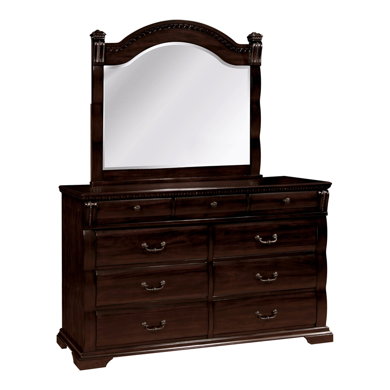 FOA Oulette 4pc Cherry Solid Wood Bedroom Set-Queen+Nightstand+Dresser+Mirror