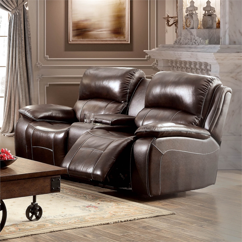 Furniture of America Marta Top Grain Leather Reclining Loveseat in Brown