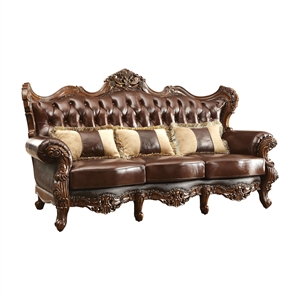 furniture of america veliah top grain leather tufted sofa in dark oak