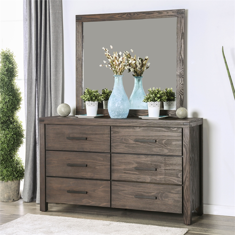 Furniture of America Krentin Rustic Wood 6-Drawer Dresser and Mirror in Brown