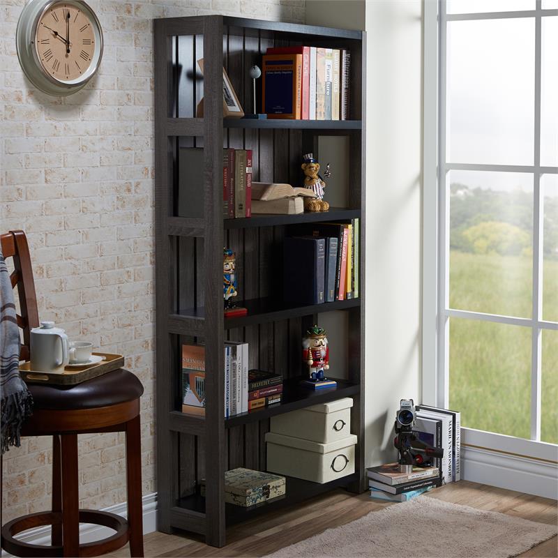 Furniture of America Iman Wood 5-Shelf Bookcase in Dark Gray and Black