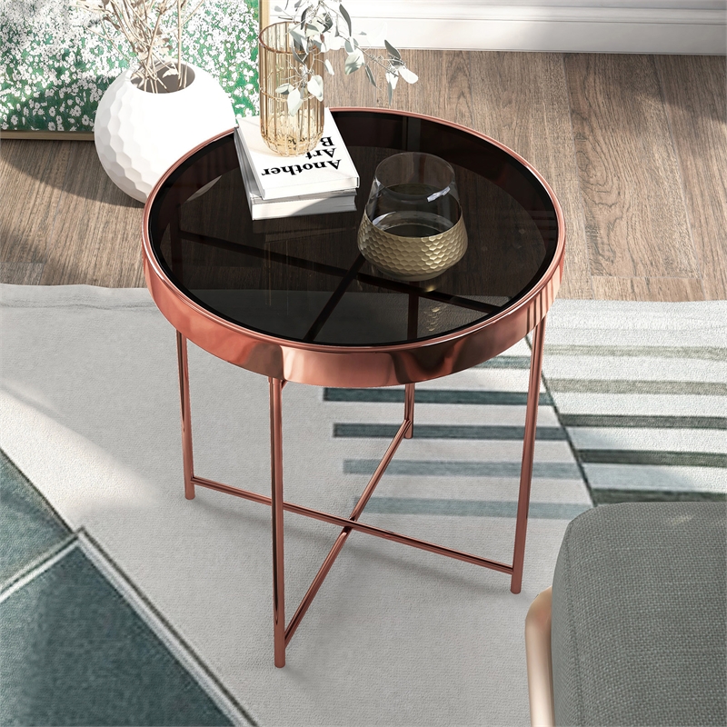 Furniture of America Vida Modern Glass Top End Table in Rose Gold