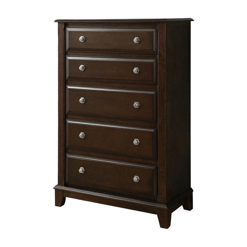 Furniture of America Glinda Solid Wood 5-Drawer Chest in Brown Cherry