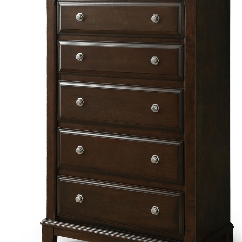 Furniture of America Glinda Solid Wood 5-Drawer Chest in Brown Cherry